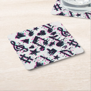 Distorted Musical Notes & Hearts Pattern Square Paper Coaster