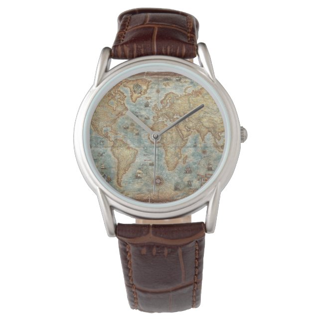 Distress Vintage antique drawn world map Watch (Front)