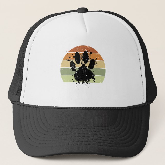 Distresse Paint Spatter Dog Paw Print Retro Sunset Trucker Hat (Front)