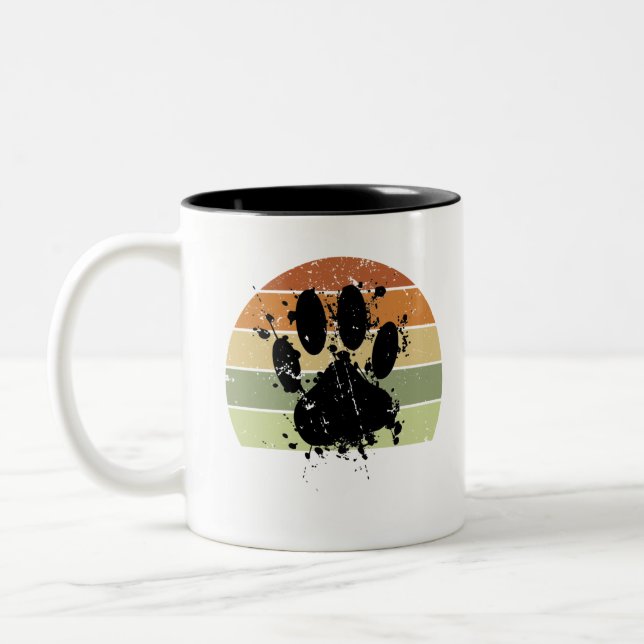 Distresse Paint Spatter Dog Paw Print Retro Sunset Two-Tone Coffee Mug (Left)