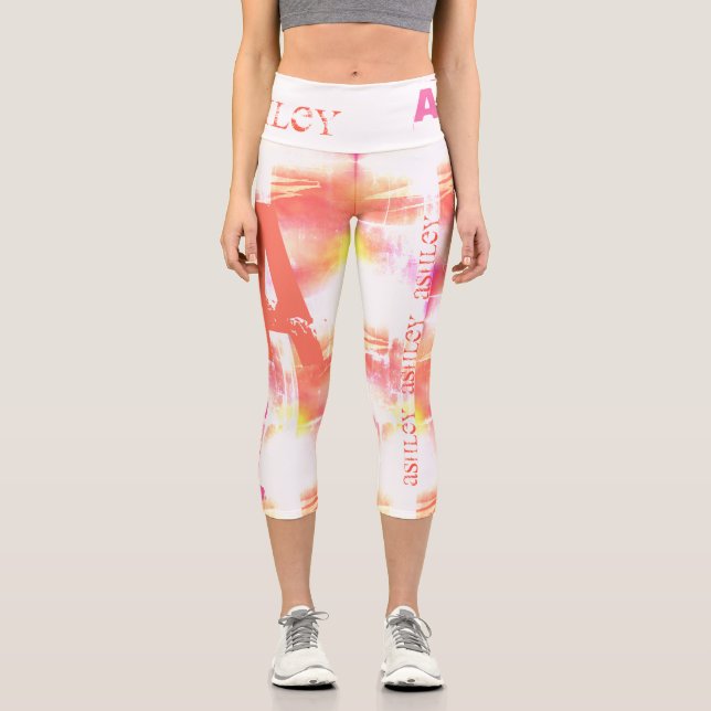 Distressed Abstract repeating name 6 Letters HWCL Capri Leggings (Front)