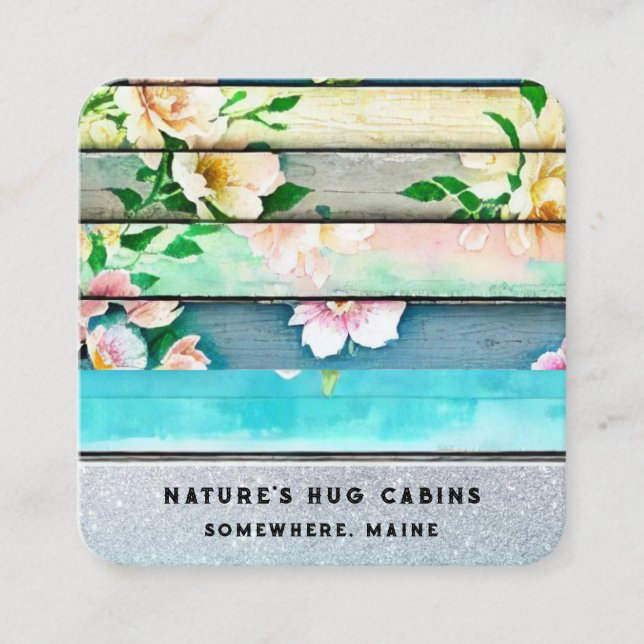 *~*  Distressed  Aged Wood QR AP49 Flowers Pastel Square Business Card (Front)