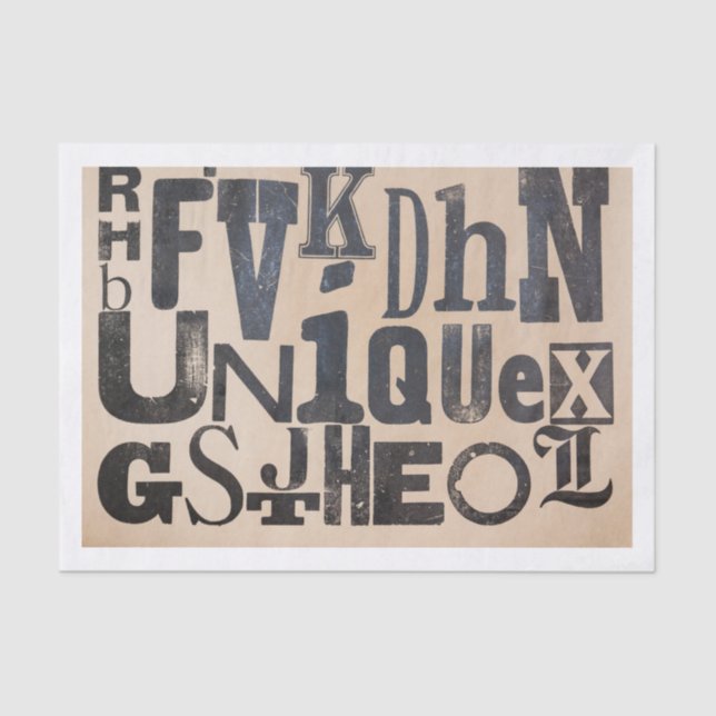 Distressed Alphabet Letters Spelling "Unique" Tissue Paper (Front)