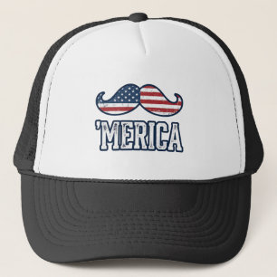 Distressed America Moustache Patriotic Vector Desi Trucker Hat