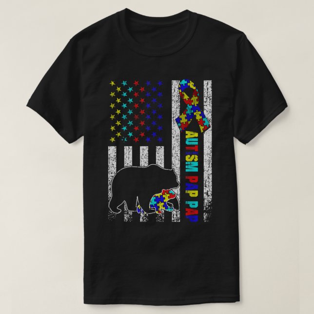 Distressed American Flag Autism Pap Pap Bear Aware T-Shirt (Design Front)