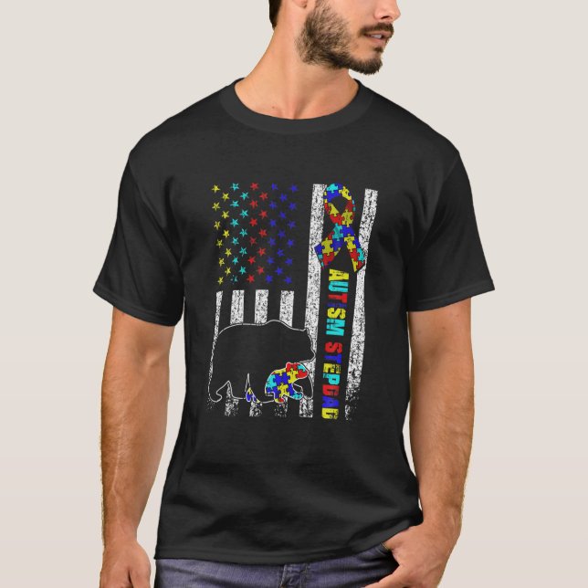 Distressed American Flag Autism Stepdad Bear Aware T-Shirt (Front)
