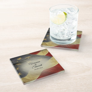 Distressed American Flag Names and Date Glass Coaster