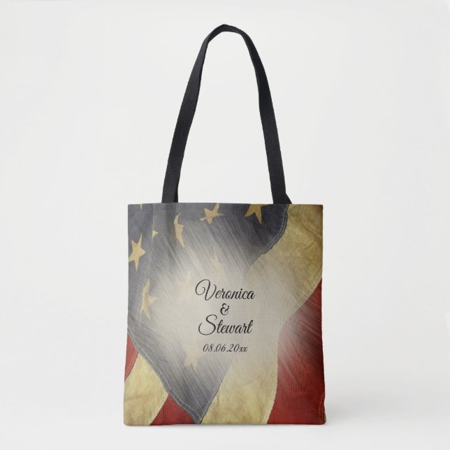 Distressed American Flag Names and Date Tote Bag (Front)