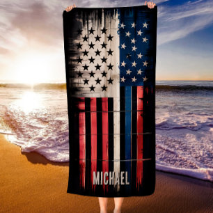 Distressed American Flag Thin Blue Line Police Beach Towel