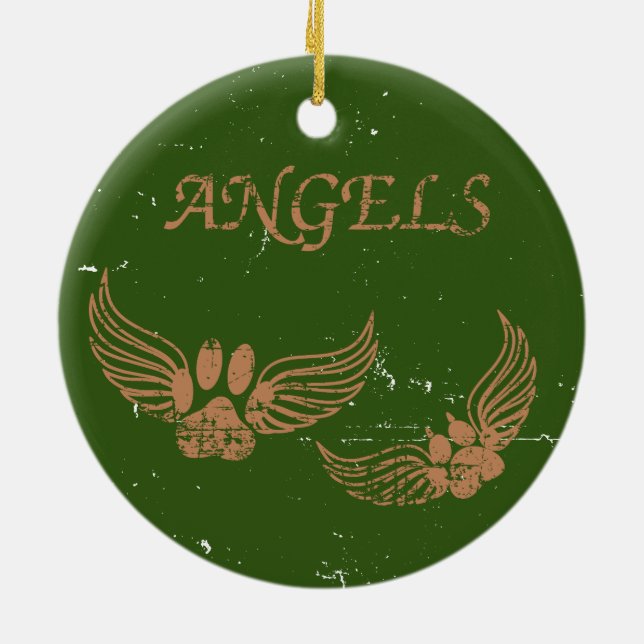 Distressed Angel Pet Paws Green Ceramic Ornament (Back)