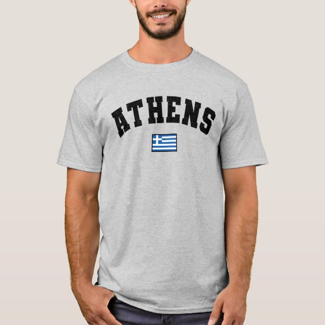 Distressed Athens Athletic Typography w Greek Flag T-Shirt (Front)