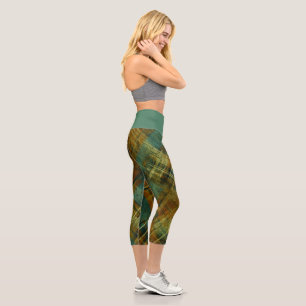 Distressed Autumnal Tartan Check Green Waistband Capri Leggings