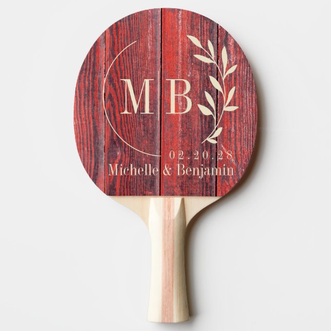Distressed Barn Boards Leaf Wedding Monogram Ping Pong Paddle (Back)