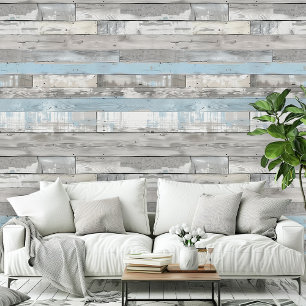 Distressed Beachwood Light Blue Grey Room Pattern Wallpaper