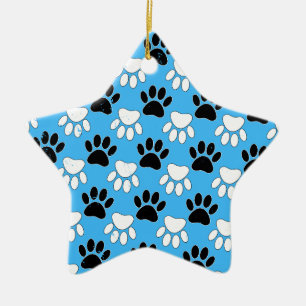 Distressed Black And White Paws On Blue Background Ceramic Ornament