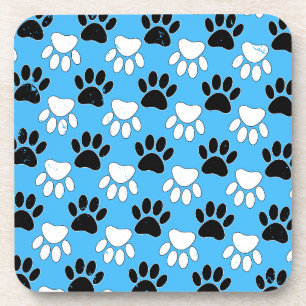Distressed Black And White Paws On Blue Background Coaster