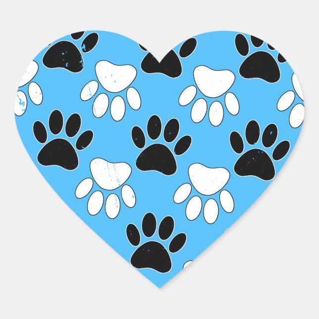 Distressed Black And White Paws On Blue Background Heart Sticker (Front)