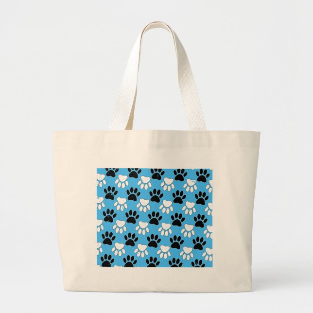 Distressed Black And White Paws On Blue Background Large Tote Bag (Front)