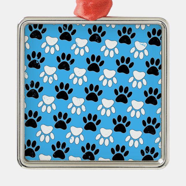 Distressed Black And White Paws On Blue Background Metal Ornament (Front)