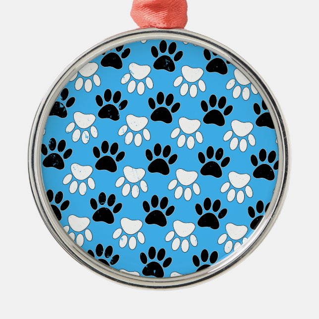 Distressed Black And White Paws On Blue Background Metal Ornament (Front)