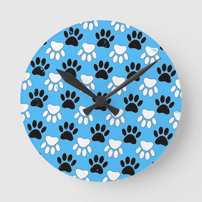 Distressed Black And White Paws On Blue Background Round Clock (Front)