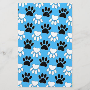 Distressed Black And White Paws On Blue Background Stationery