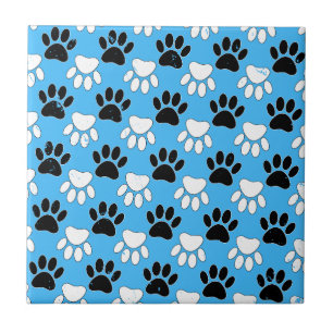 Distressed Black And White Paws On Blue Background Tile