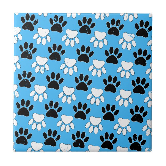 Distressed Black And White Paws On Blue Background Tile (Front)