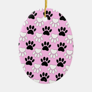 Distressed Black And White Paws On Pink Background Ceramic Ornament