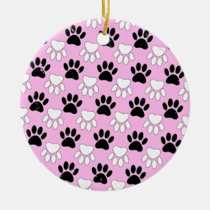 Distressed Black And White Paws On Pink Background Ceramic Ornament