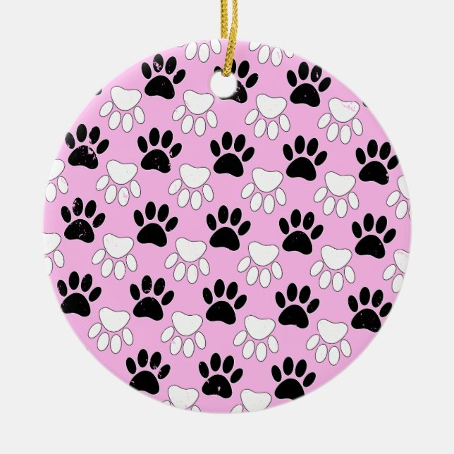 Distressed Black And White Paws On Pink Background Ceramic Ornament (Front)