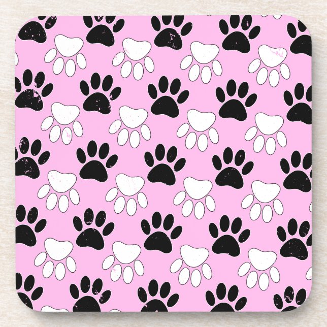 Distressed Black And White Paws On Pink Background Coaster (Front)