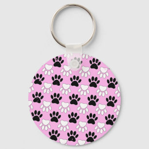 Distressed Black And White Paws On Pink Background Keychain