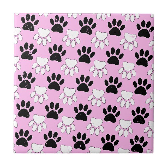 Distressed Black And White Paws On Pink Background Tile (Front)