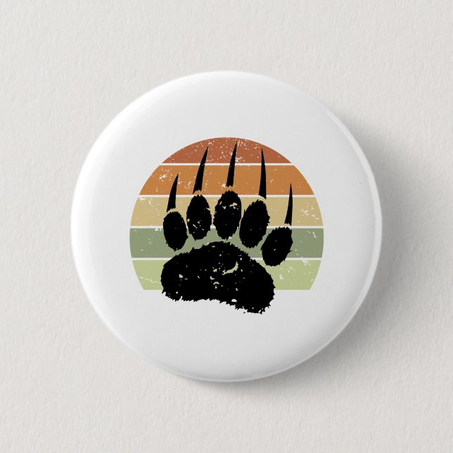 Distressed Black Bear Paw Print Retro Sunset 2 Inch Round Button (Front)
