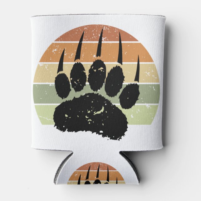 Distressed Black Bear Paw Print Retro Sunset Can Cooler (Front)