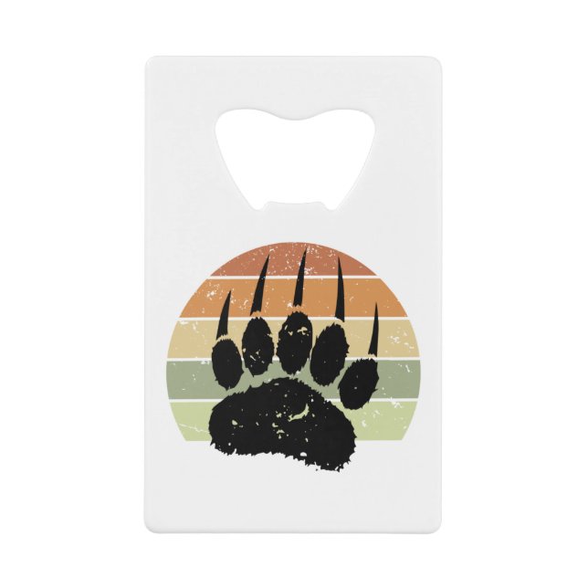 Distressed Black Bear Paw Print Retro Sunset Credit Card Bottle Opener (Front)