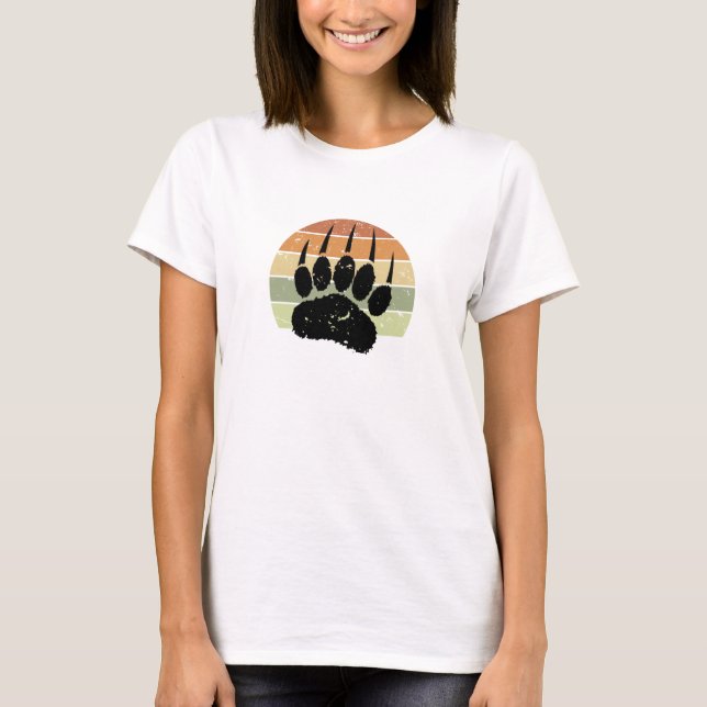 Distressed Black Bear Paw Print Retro Sunset T-Shirt (Front)
