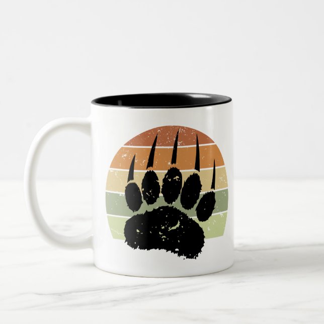 Distressed Black Bear Paw Print Retro Sunset Two-Tone Coffee Mug (Left)