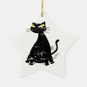 Distressed Black Fat Cat Ceramic Ornament