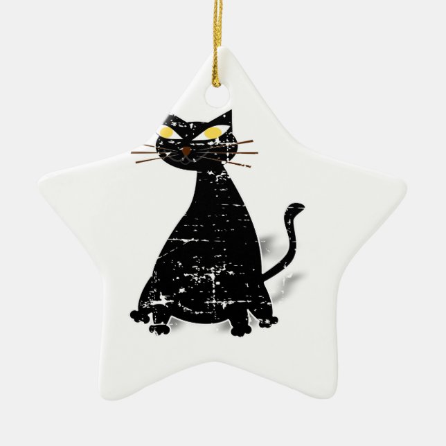 Distressed Black Fat Cat Ceramic Ornament (Front)