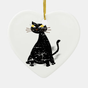 Distressed Black Fat Cat Ceramic Ornament