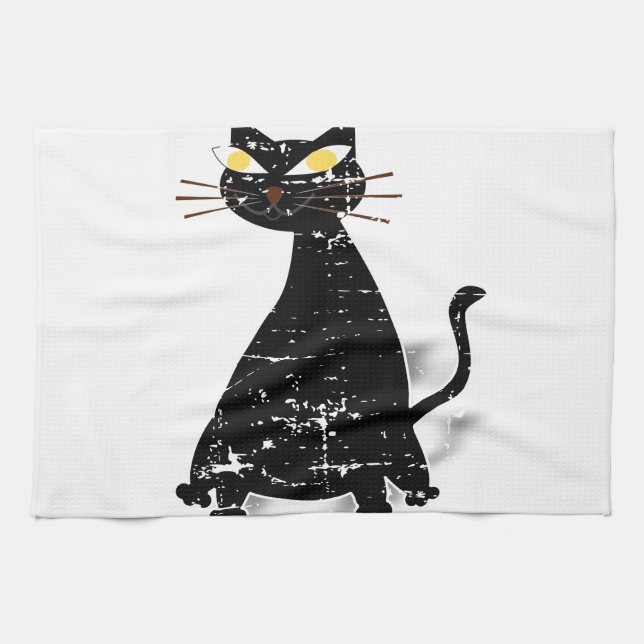 Distressed Black Fat Cat Kitchen Towel (Horizontal)
