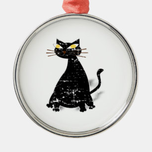 Distressed Black Fat Cat Metal Ornament