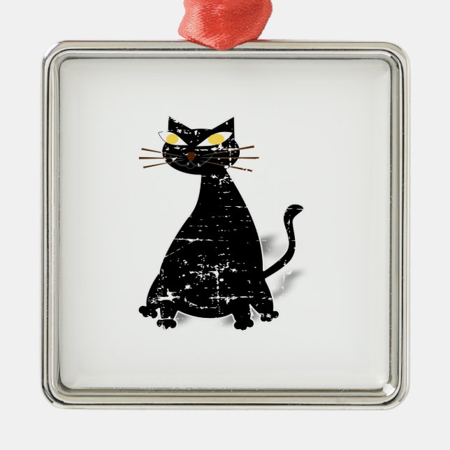 Distressed Black Fat Cat Metal Ornament (Front)