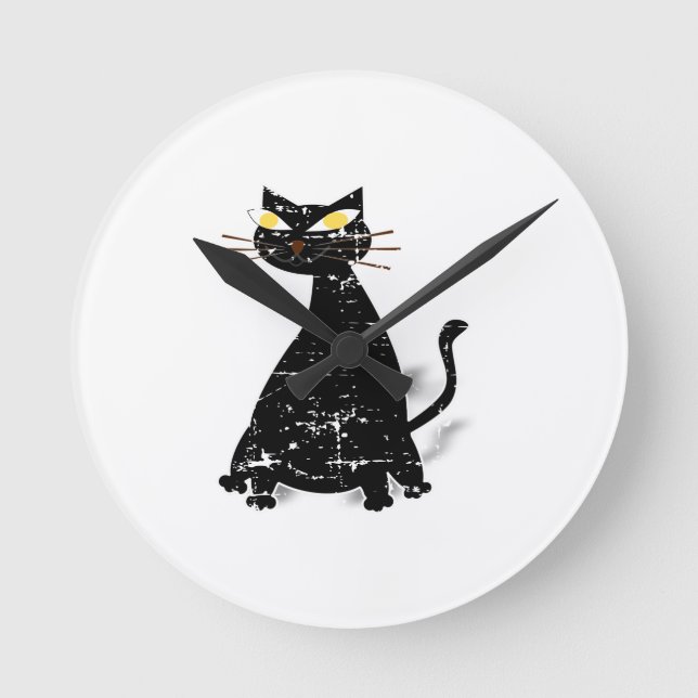 Distressed Black Fat Cat Round Clock (Front)