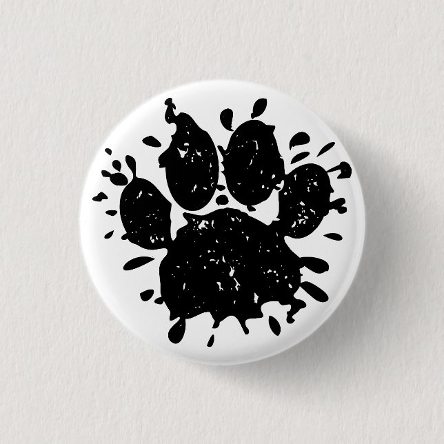 Distressed Black Paint Splatter Dog Paw Print 1 Inch Round Button (Front)