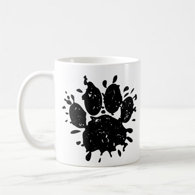 Distressed Black Paint Splatter Dog Paw Print Coffee Mug (Left)