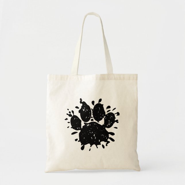 Distressed Black Paint Splatter Dog Paw Print Tote Bag (Front)