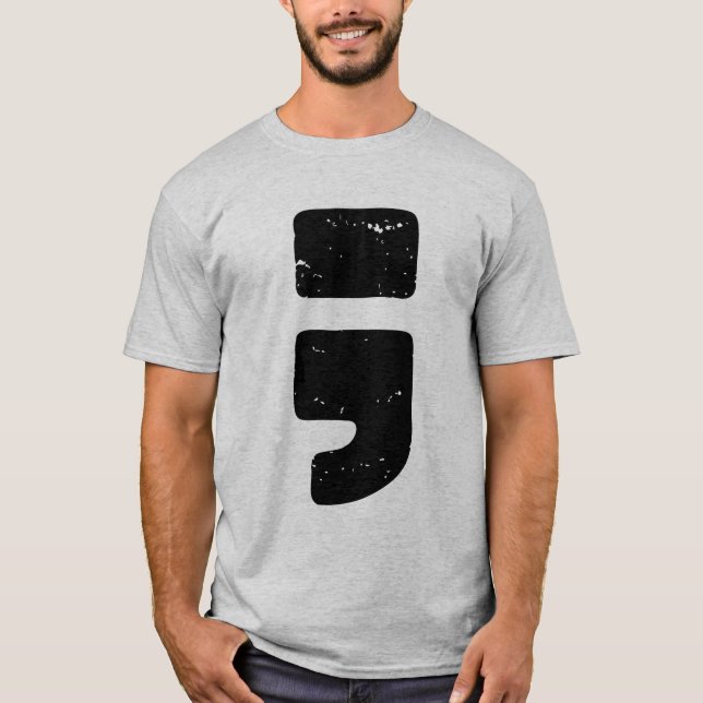 Distressed Black Punctuation Symbol Semicolon T-Shirt (Front)